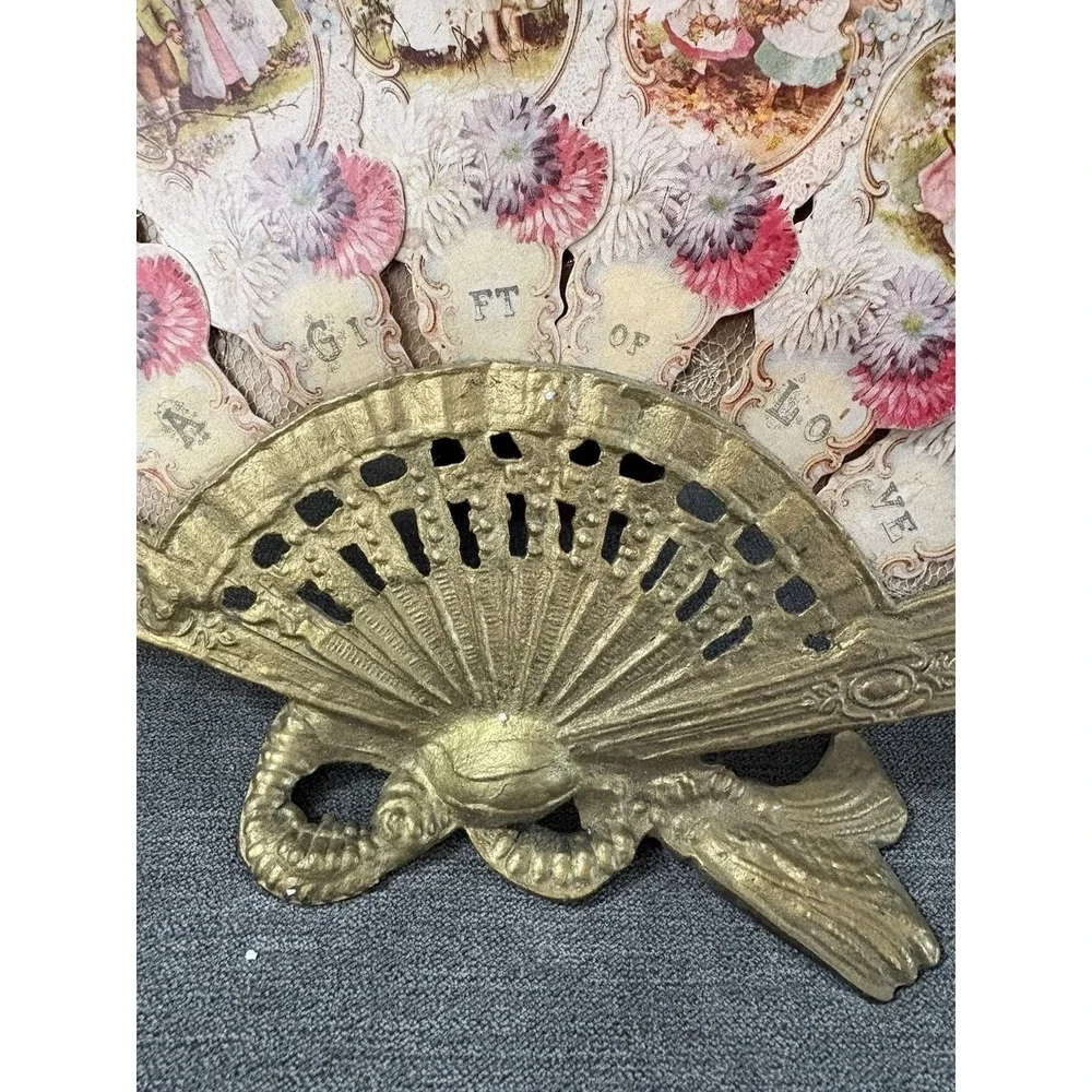 Antique Brass Fan Picture Frame With Felt Lined Stand, Art Nouveau Vanity Frame